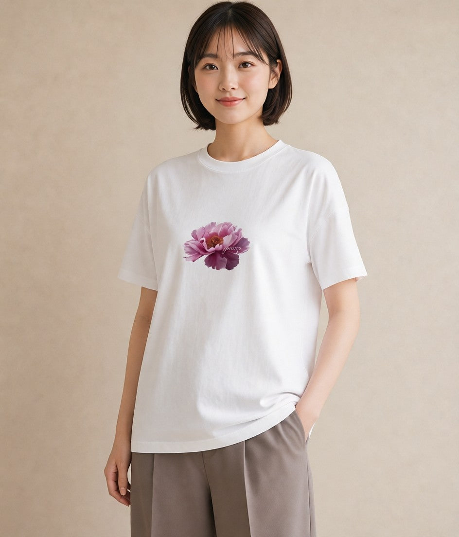 半袖Tシャツ レディース 牡丹 花 花柄 イラスト お洒落 デイリーウェア 休日 白T YMAZO