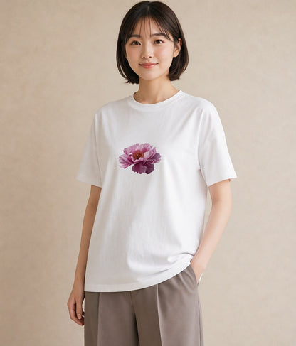 半袖Tシャツ レディース 牡丹 花 花柄 イラスト お洒落 デイリーウェア 休日 白T YMAZO