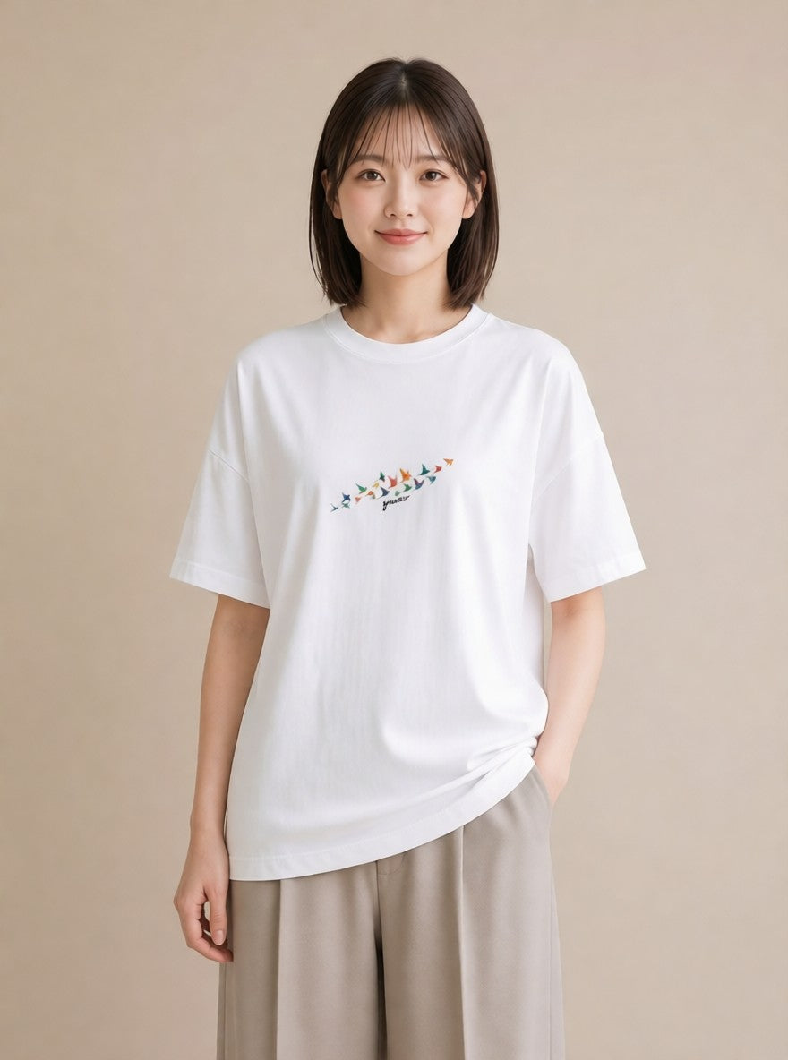 半袖Tシャツ レディース 折り鶴 折り紙 ナチュラル アンティーク イラスト 可愛い クリスマス 旅行 白T YMAZO
