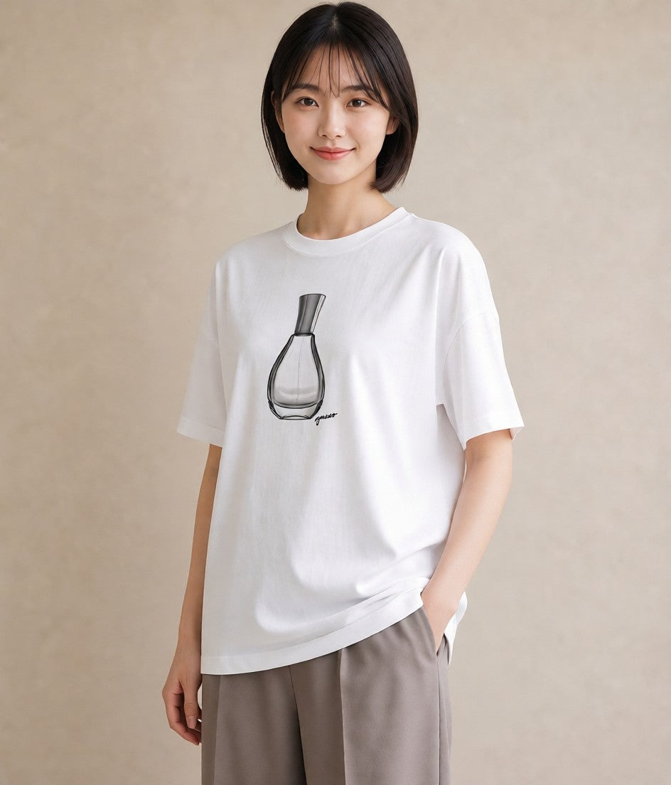 Tシャツ レディース 香水 香水瓶 パフューム イラスト 線画 ビーチ デイリーウェア 白T YMAZO