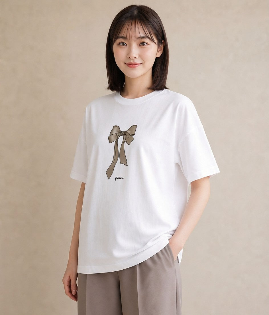 プリントTシャツ レディース リボン ボウ りぼん イラスト モード ホワイトデー 春服 白T YMAZO