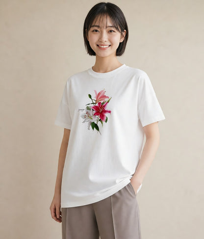 半袖Tシャツ レディース ゆり 百合 花 花柄 イラスト 韓国風 部屋着 女性向けギフト 白T