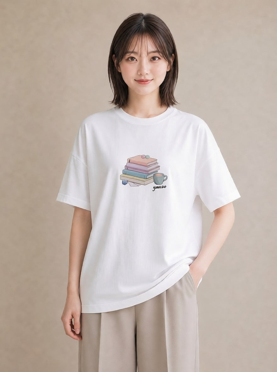 Tシャツ レディース 本 読書 ブック イラスト カフェコーデ 普段着 週末コーデ 白T YMAZO