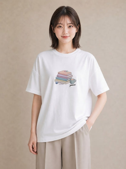 Tシャツ レディース 本 読書 ブック イラスト カフェコーデ 普段着 週末コーデ 白T YMAZO