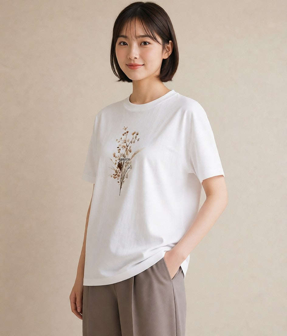 Tシャツ レディース ガラス瓶 小枝 ボタニカル ナチュラル アンティーク イラスト アート風 女性向けギフト 散歩 白T YMAZO