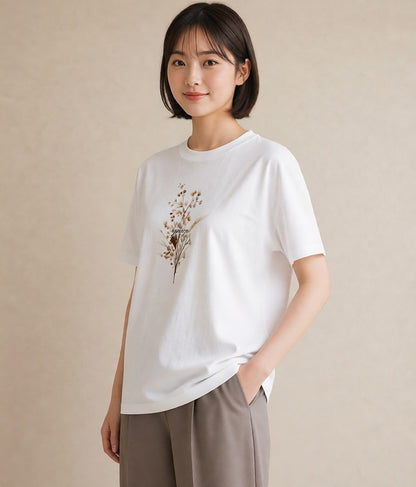 Tシャツ レディース ガラス瓶 小枝 ボタニカル ナチュラル アンティーク イラスト アート風 女性向けギフト 散歩 白T YMAZO