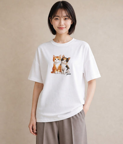 Tシャツ レディース ぶち猫 猫 ねこ イラスト ボタニカル 買い物 夏コーデ 白T YMAZO