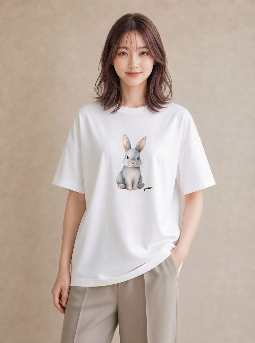 グラフィックTシャツ レディース ライオンラビット ペット 動物 イラスト ニュアンス カフェ巡り 女子会 白T YMAZO