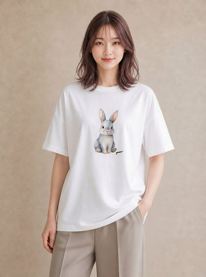 グラフィックTシャツ レディース ライオンラビット ペット 動物 イラスト ニュアンス カフェ巡り 女子会 白T YMAZO