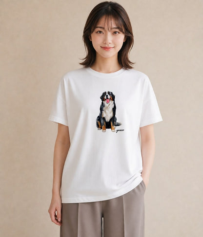 半袖Tシャツ レディース バーニーズマウンテンドッグ 犬 いぬ イラスト モード 海 カフェ巡り 白T YMAZO