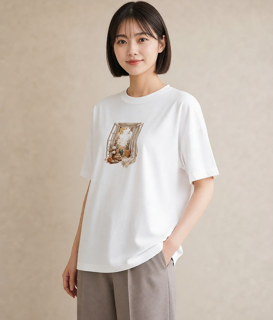 グラフィックTシャツ レディース 窓辺の雨 雨の日 窓 ナチュラル アンティーク イラスト 上品 敬老の日 ホワイトデー 白T YMAZO