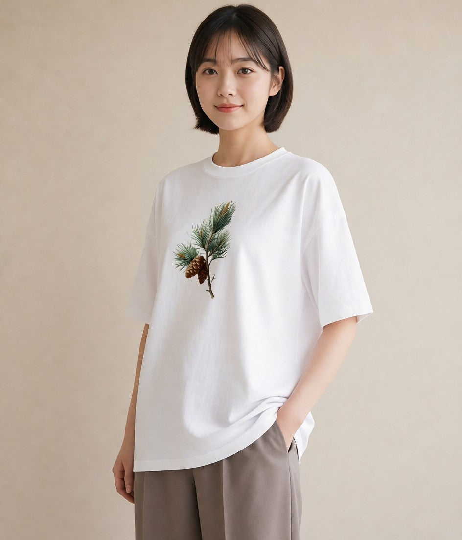 半袖Tシャツ レディース 松ぼっくり 植物 ボタニカル イラスト 北欧風 ギフト 母の日 白T YMAZO