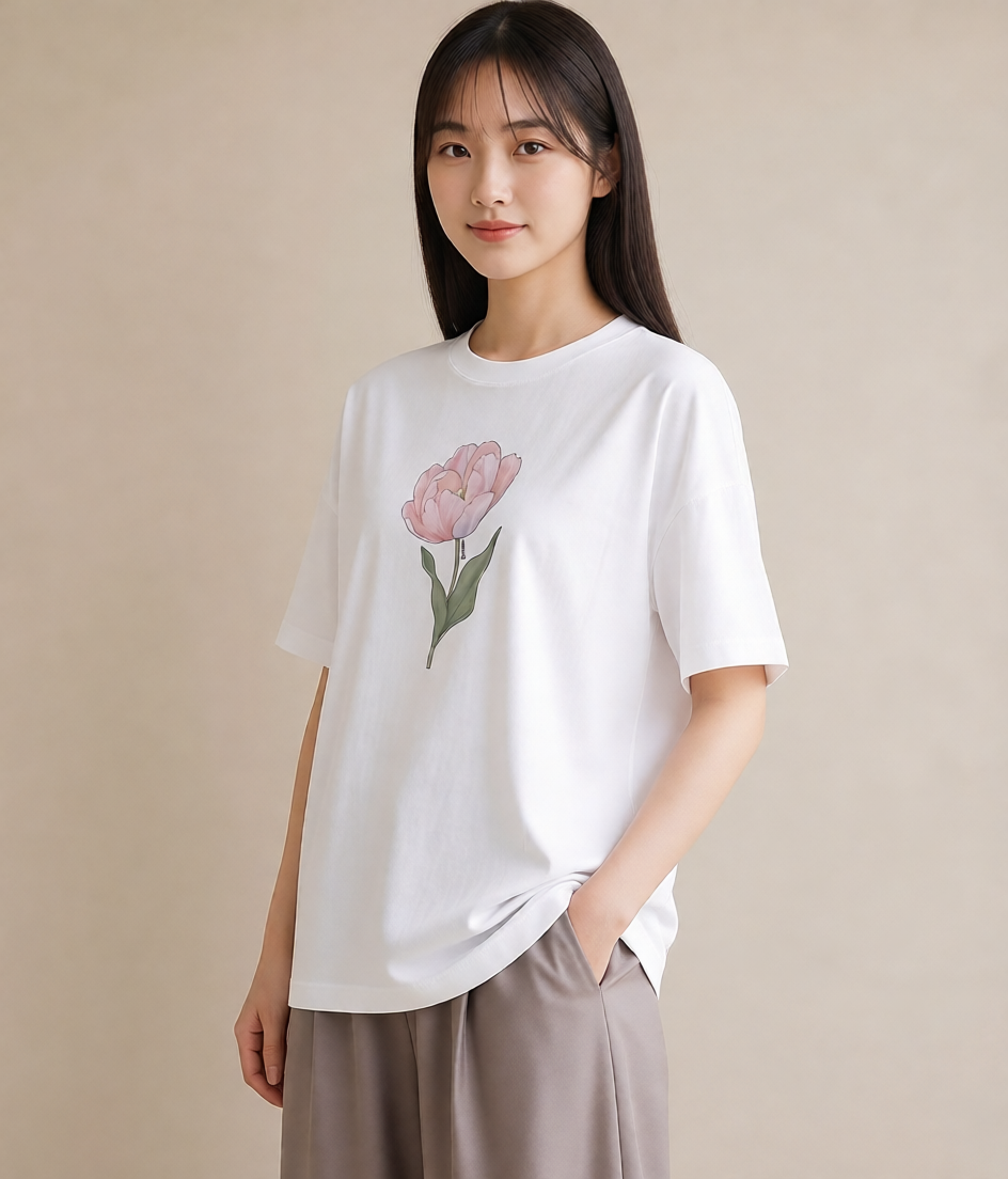 Tシャツ レディース 牡丹 花 花柄 イラスト シック 女子会 お揃い 白T