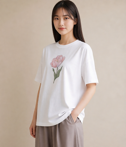 Tシャツ レディース 牡丹 花 花柄 イラスト シック 女子会 お揃い 白T