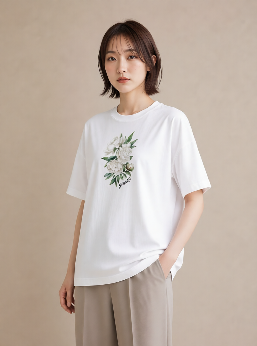 デザインTシャツ レディース 牡丹 花 花柄 イラスト 普段使い ペアコーデ 秋コーデ 白T