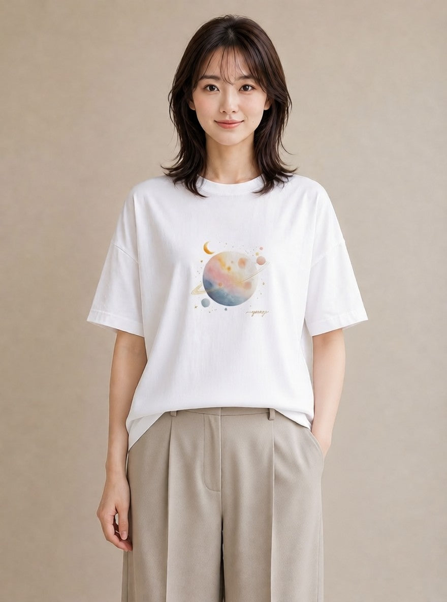 デザインTシャツ レディース 三日月 星空 宇宙 イラスト 手描き風 公園 ママ 白T YMAZO