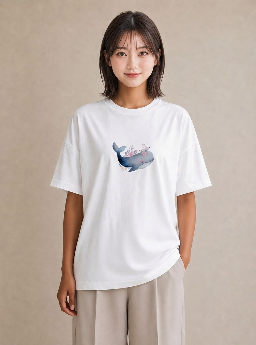 半袖Tシャツ レディース イルカ 海の生き物 海 イラスト 韓国風 夏コーデ 通学 白T YMAZO