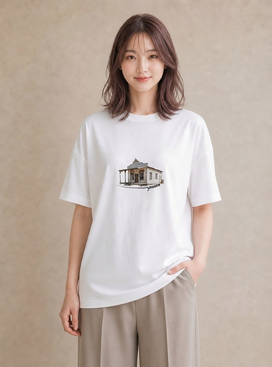 プリントTシャツ レディース 駅のホーム ローカル線 駅 ナチュラル アンティーク イラスト ラフカジュアル カフェ服 クリスマス 白T YMAZO