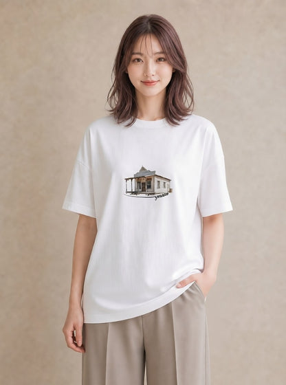 プリントTシャツ レディース 駅のホーム ローカル線 駅 ナチュラル アンティーク イラスト ラフカジュアル カフェ服 クリスマス 白T YMAZO