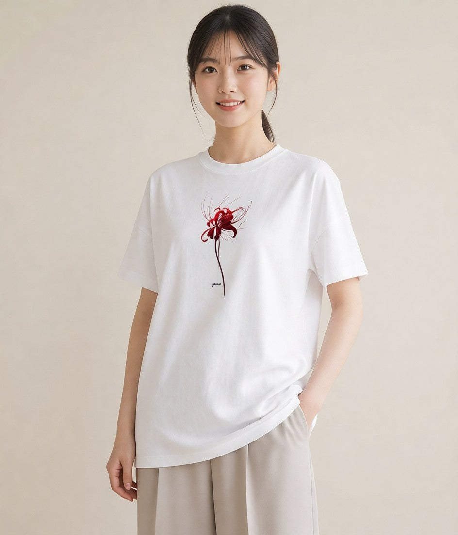 半袖Tシャツ レディース 彼岸花 花 花柄 イラスト カフェコーデ 綿100 デート 白T YMAZO