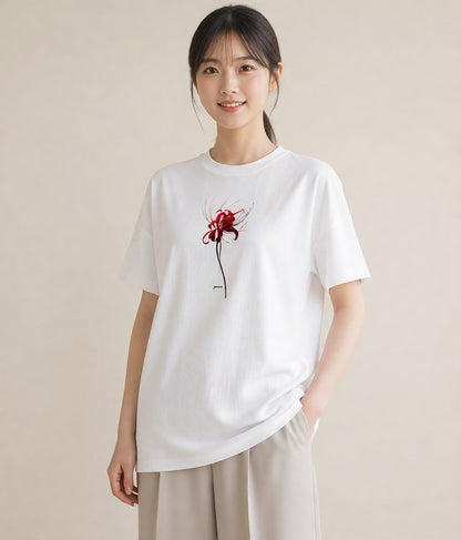 半袖Tシャツ レディース 彼岸花 花 花柄 イラスト カフェコーデ 綿100 デート 白T YMAZO