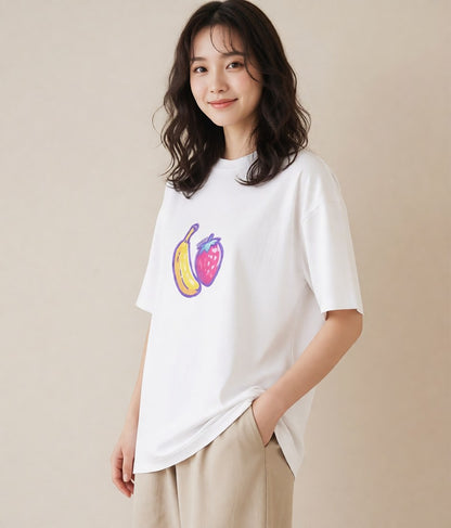 Tシャツ レディース バナナ 食べ物 フード イラスト 休日コーデ 公園 ママ 白T YMAZO