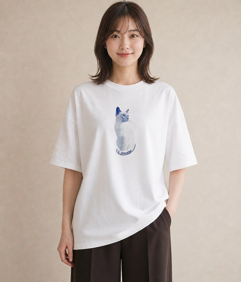 Tシャツ レディース シャム 猫 ねこ イラスト カジュアル 通学 誕生日プレゼント 白T YMAZO