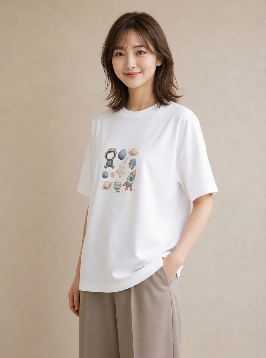 プリントTシャツ レディース プラネット 星空 宇宙 イラスト 韓国風 散歩 お出かけ 白T YMAZO