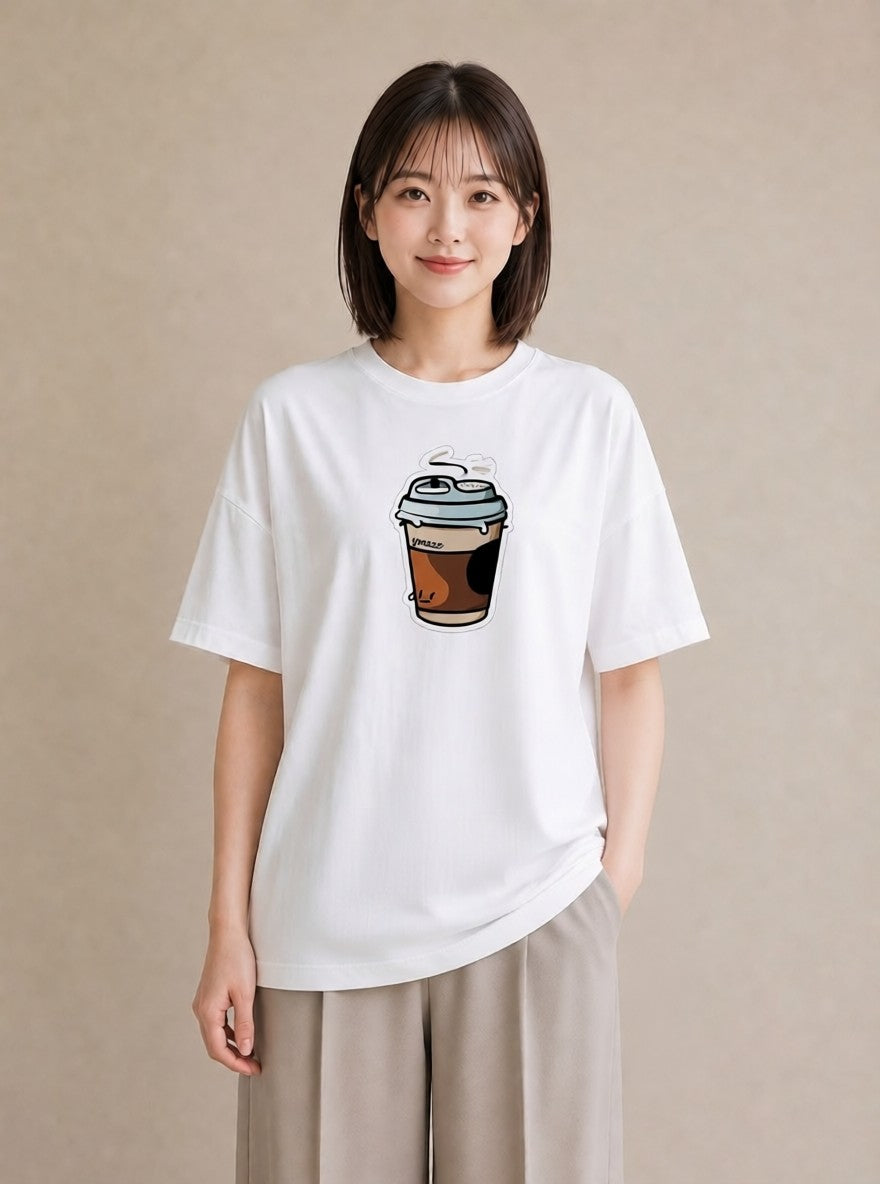 Tシャツ レディース コーヒー 珈琲 カフェ 食べ物 フード イラスト 抜け感 デイリーウェア 休日 白T YMAZO