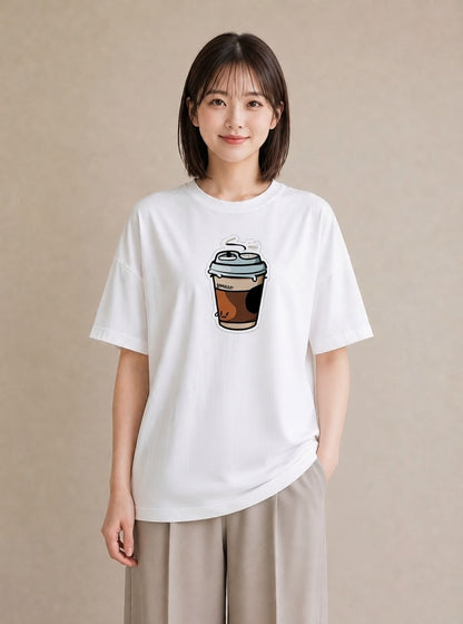Tシャツ レディース コーヒー 珈琲 カフェ 食べ物 フード イラスト 抜け感 デイリーウェア 休日 白T YMAZO