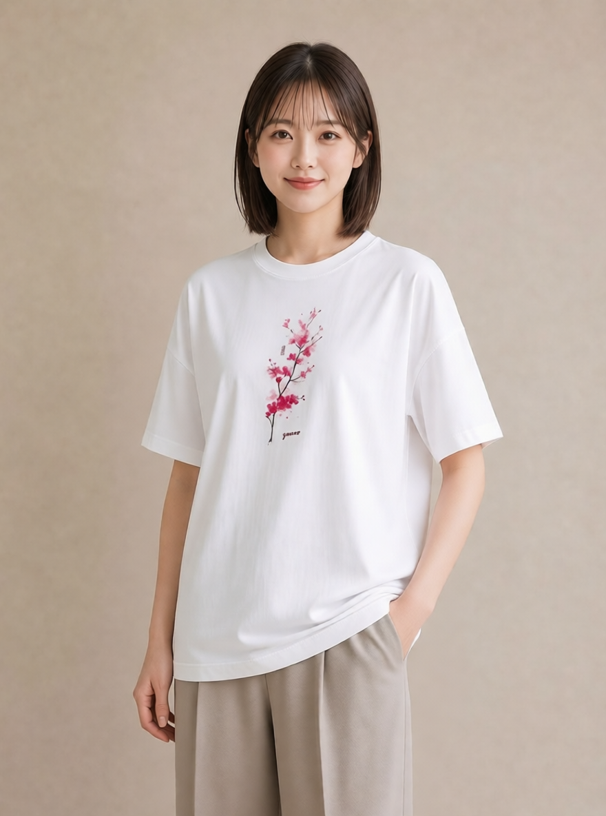 Tシャツ レディース 梅 花 花柄 イラスト レトロ 春服 ミセス 白T YMAZO