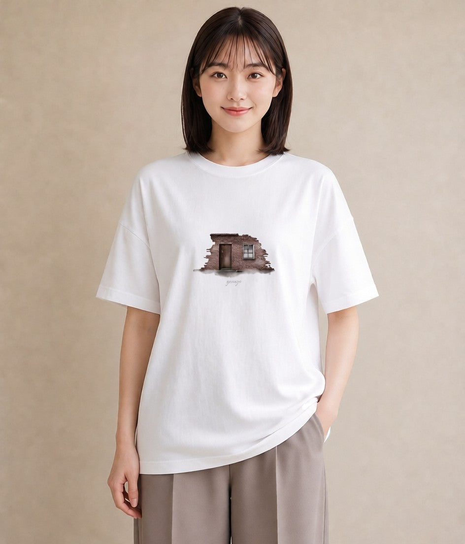 プリントTシャツ レディース 窓辺の雨 雨の日 窓 ナチュラル アンティーク イラスト こなれ感 ビーチ デイリーウェア 白T YMAZO
