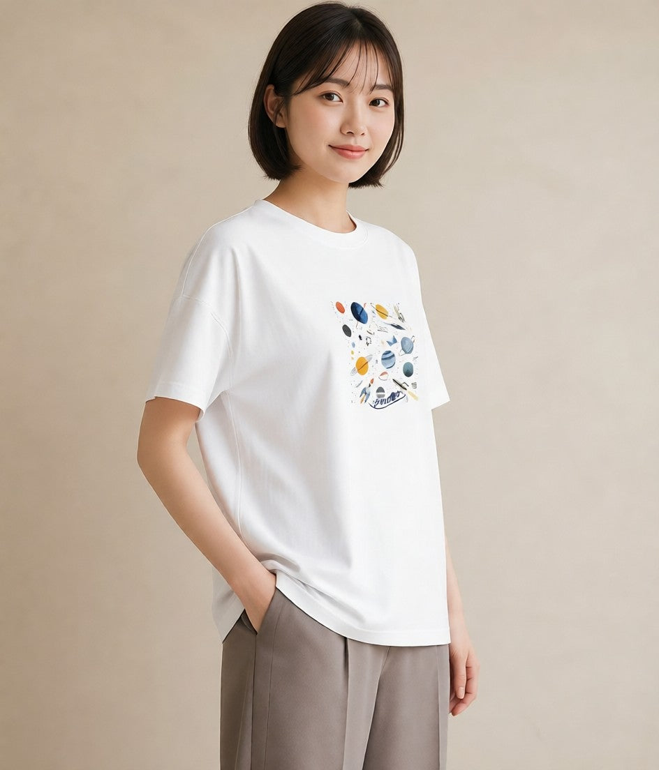 グラフィックTシャツ レディース 宇宙 星空 イラスト シック レイヤード 友達ギフト 白T YMAZO