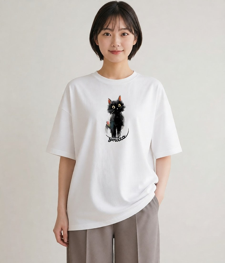 グラフィックTシャツ レディース おすわり猫 猫 ねこ イラスト 線画 ペアコーデ 秋コーデ 白T YMAZO