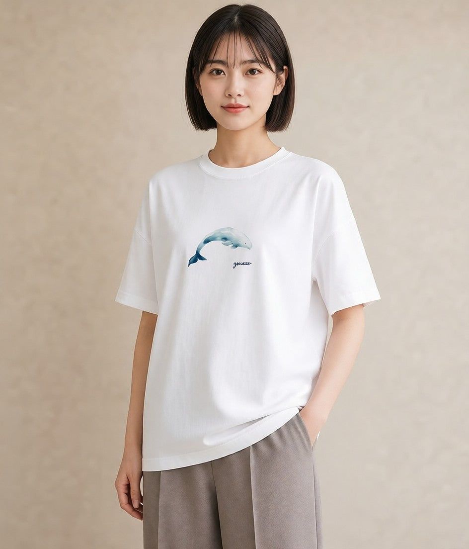 Tシャツ レディース シャチ 海の生き物 海 イラスト フェミニン 普段着 週末コーデ 白T YMAZO