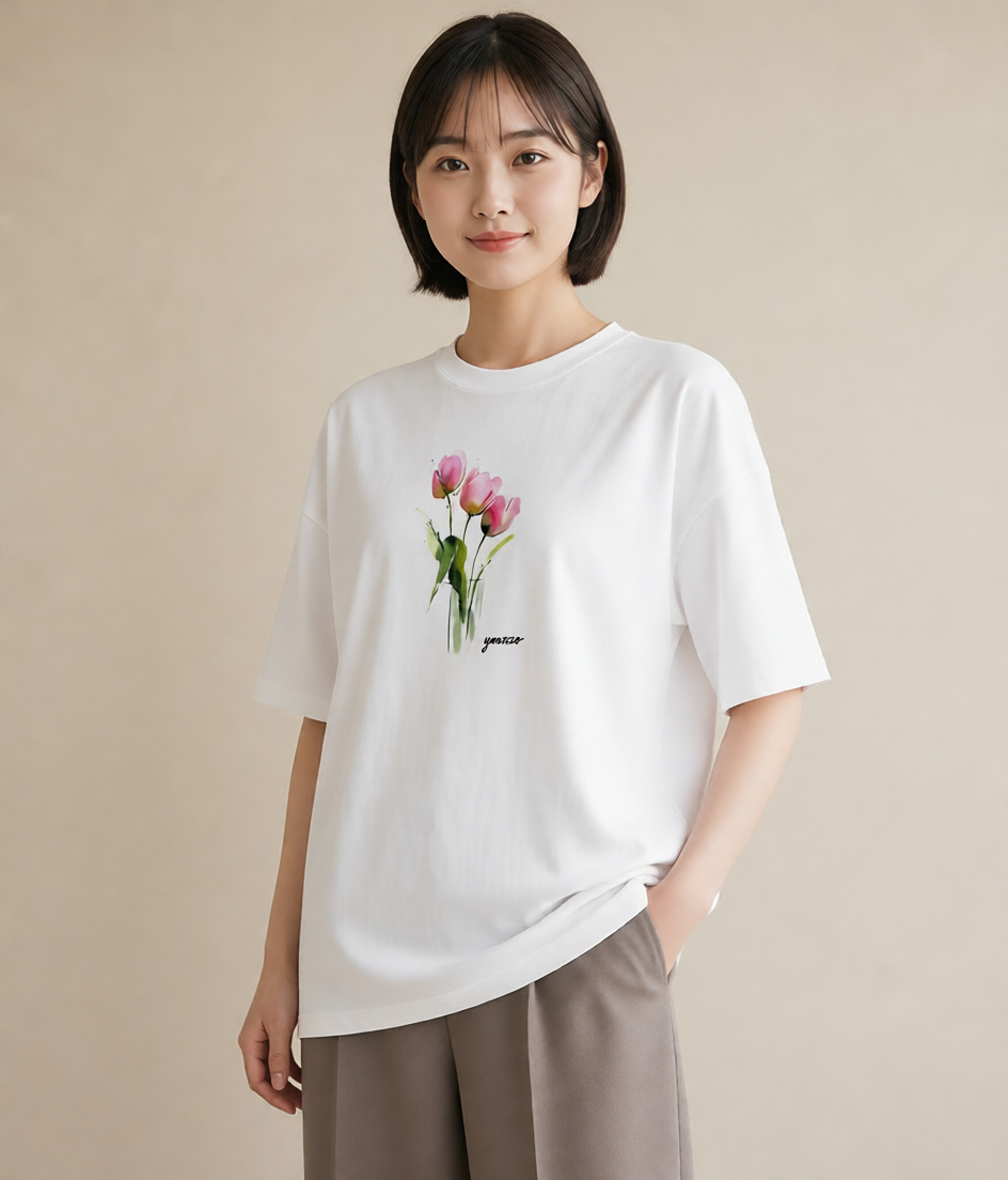 デザインTシャツ レディース チューリップ 花 花柄 イラスト 春コーデ 姉妹 白T YMAZO