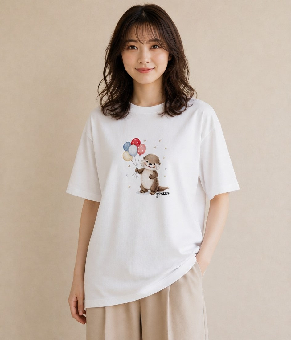 デザインTシャツ レディース ラッコ 動物 アニマル イラスト 線画 買い物 夏コーデ 白T YMAZO