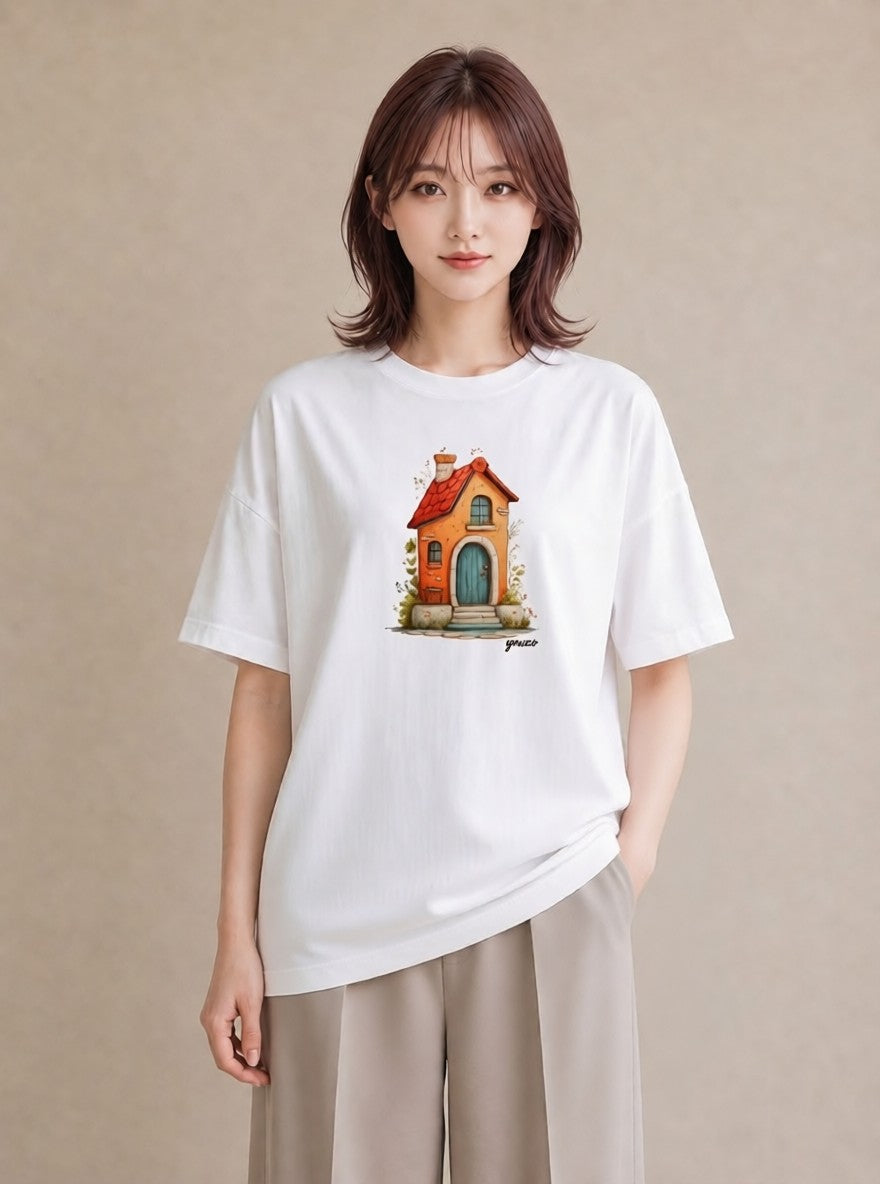 グラフィックTシャツ レディース 灯りの家 小屋 夜 ナチュラル アンティーク イラスト モード 友達ギフト 部屋着 白T YMAZO