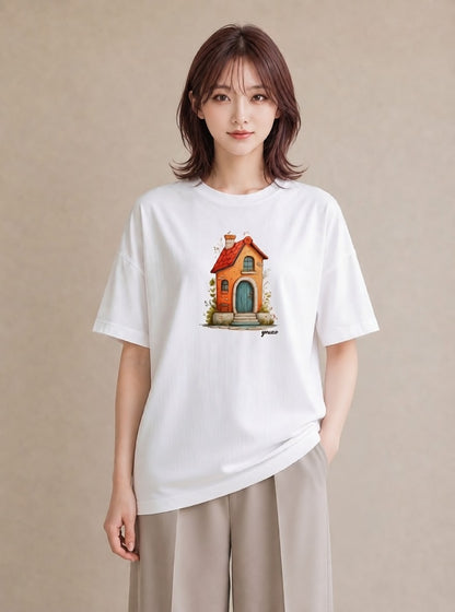グラフィックTシャツ レディース 灯りの家 小屋 夜 ナチュラル アンティーク イラスト モード 友達ギフト 部屋着 白T YMAZO