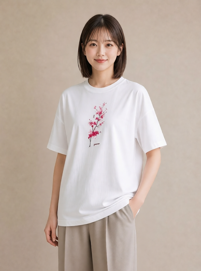 Tシャツ レディース 梅 花 花柄 イラスト レトロ 春服 ミセス 白T