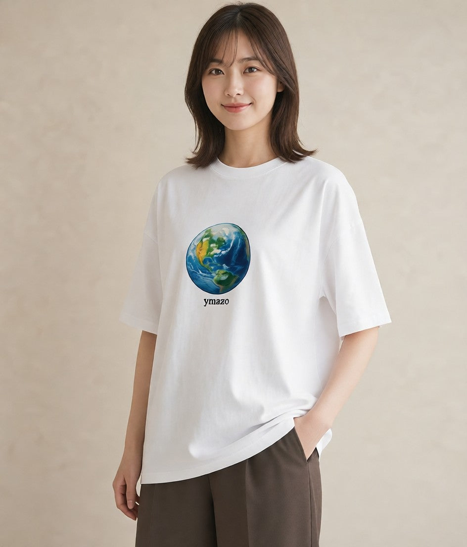 グラフィックTシャツ レディース 地球 星空 宇宙 イラスト ユニーク ビーチ デイリーウェア 白T YMAZO