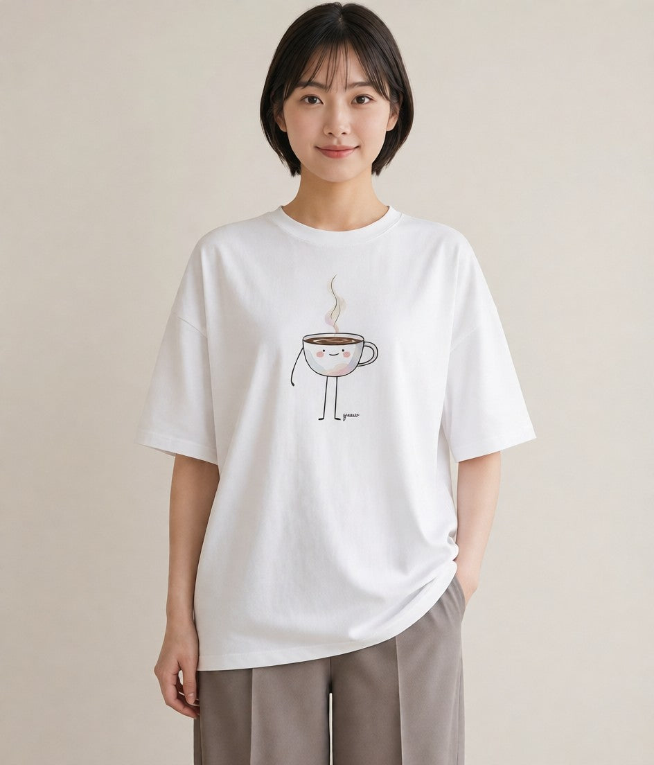 プリントTシャツ レディース コーヒー カフェ 珈琲 イラスト ガーリー 休日 ペアコーデ 白T YMAZO
