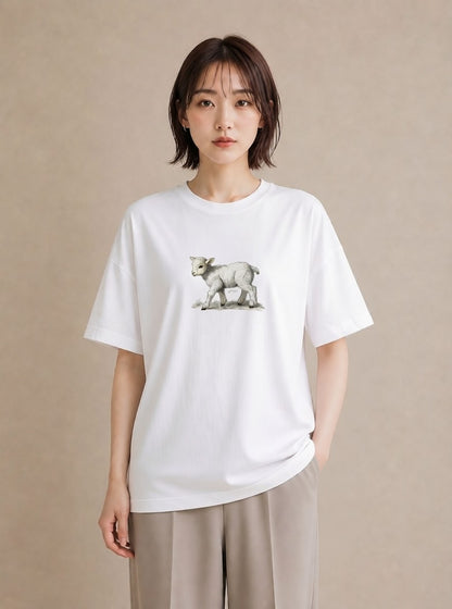 半袖Tシャツ レディース ひつじ 動物 アニマル イラスト 抜け感 綿100 デート 白T YMAZO