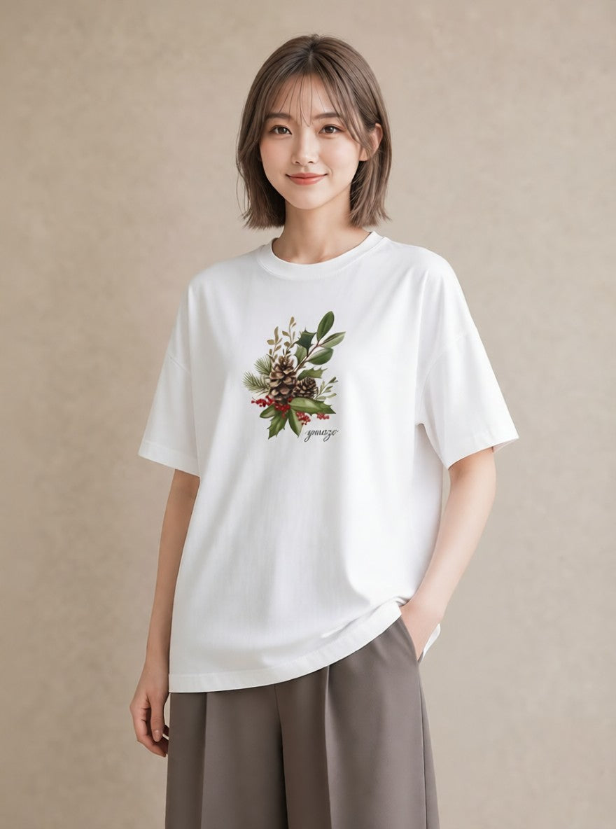 デザインTシャツ レディース 松ぼっくり 植物 ボタニカル イラスト レイヤード 友達ギフト 白T YMAZO