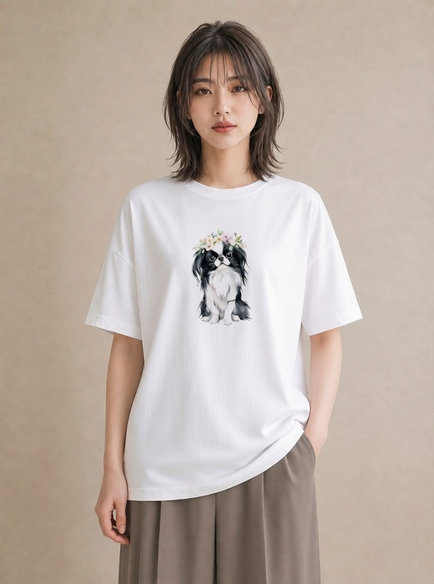 半袖Tシャツ レディース 狆 犬 いぬ イラスト フェミニン 春服 ミセス 白T YMAZO
