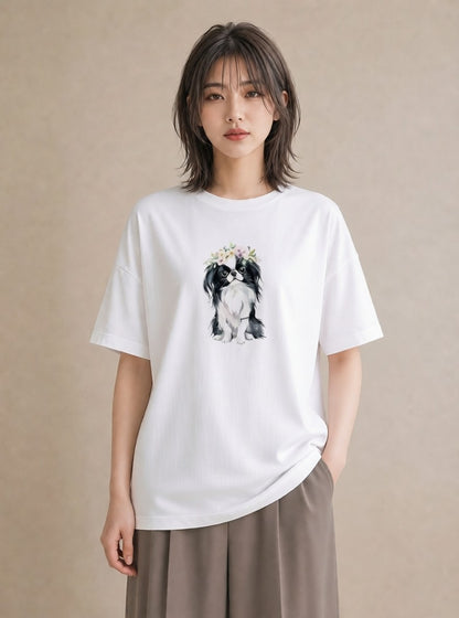 半袖Tシャツ レディース 狆 犬 いぬ イラスト フェミニン 春服 ミセス 白T YMAZO