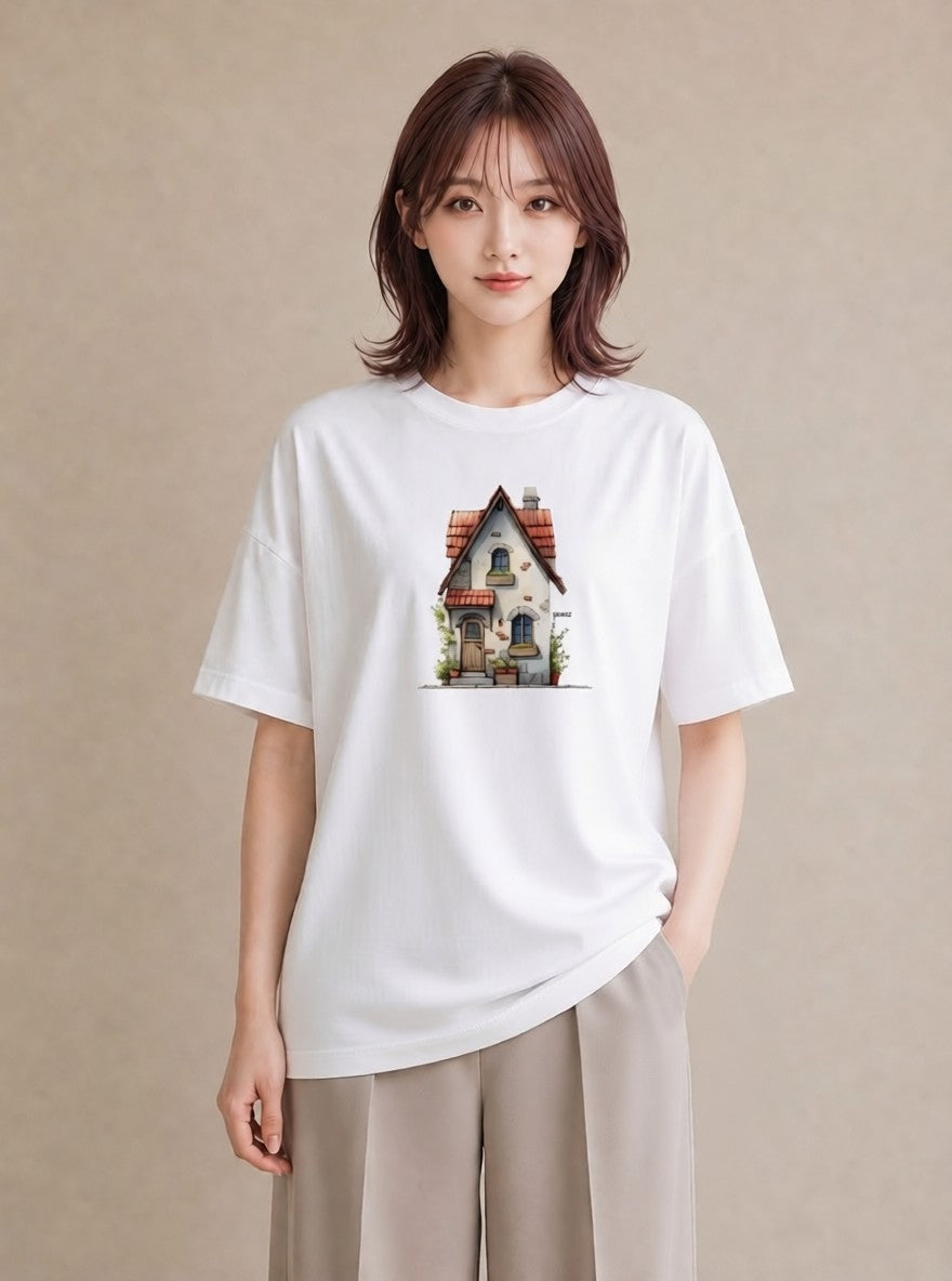 デザインTシャツ レディース 湖畔の小屋 湖 小屋 ナチュラル アンティーク イラスト こなれ感 カフェ服 クリスマス 白T YMAZO
