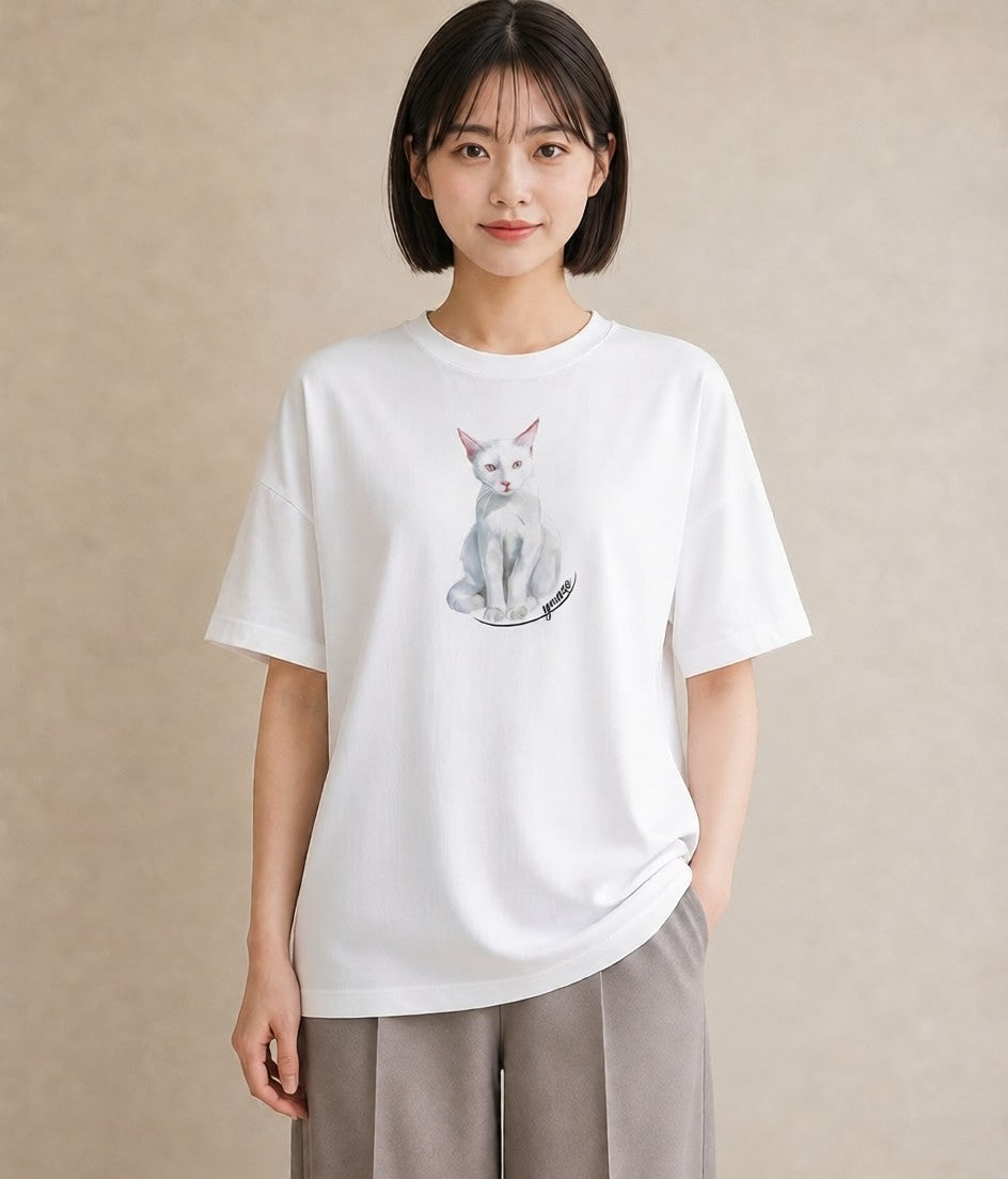 プリントTシャツ レディース 三毛猫 みけねこ 三毛 猫 ねこ イラスト ラフ デート 帰省 白T YMAZO