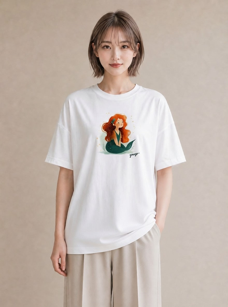 半袖Tシャツ レディース 人魚 海の生き物 海 イラスト 旅行コーデ 散歩 お出かけ 白T YMAZO
