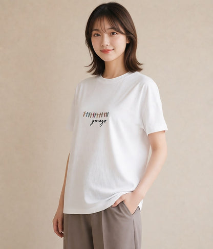 グラフィックTシャツ レディース 洗濯物 風 ナチュラル アンティーク イラスト ラフカジュアル ラフ レイヤード 白T YMAZO